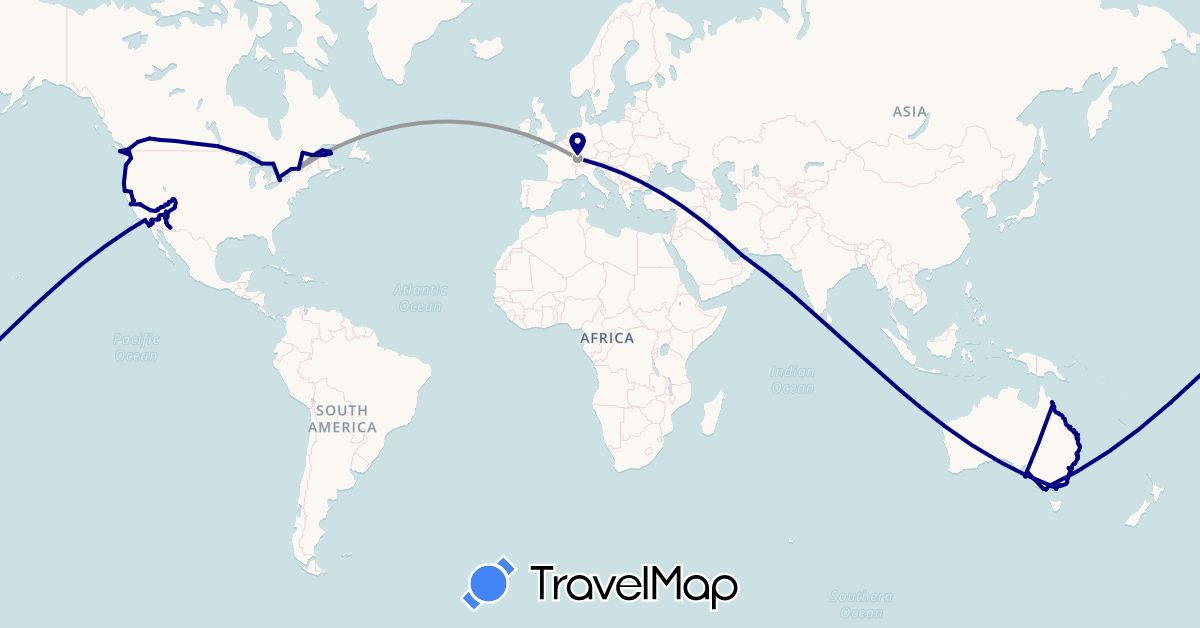 TravelMap itinerary: driving, plane in United Arab Emirates, Australia, Canada, Switzerland, France, United States (Asia, Europe, North America, Oceania)